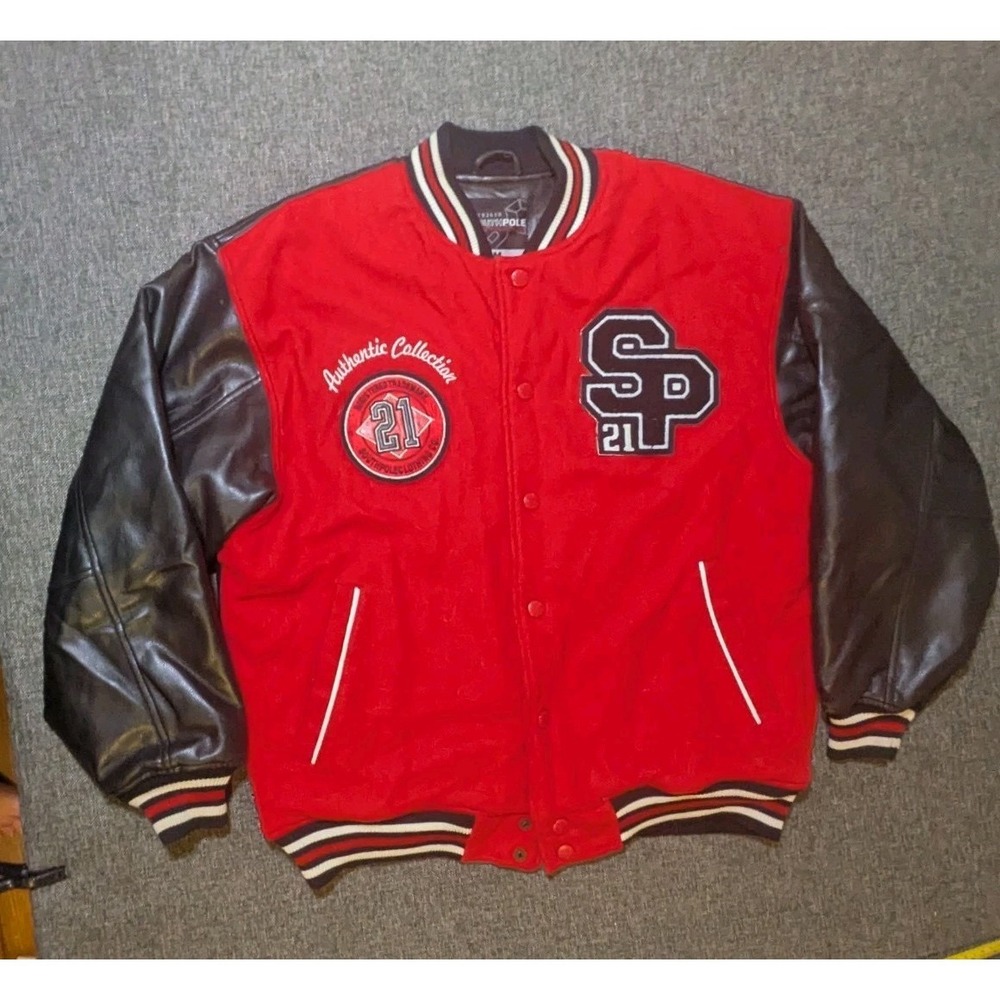 Southpole Red Varsity Style Leather Jacket Mens Medium Embroidered Logo Coat